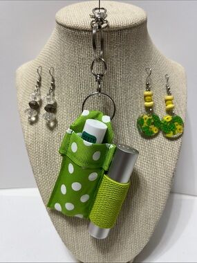 Gift Set Lime Green Polka Dot Lip Balm& Holder Keychain Purse Charm 2 pr earring